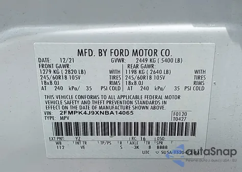 2022 Ford Edge Sel from USA, damaged, VIN 2FMPK4J9XNBA14065